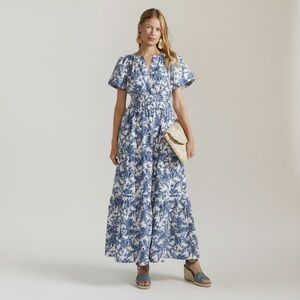 Anthropologie Maeve Somerset Maxi in Ivory Blue Floral Tiered Cotton Dress XS